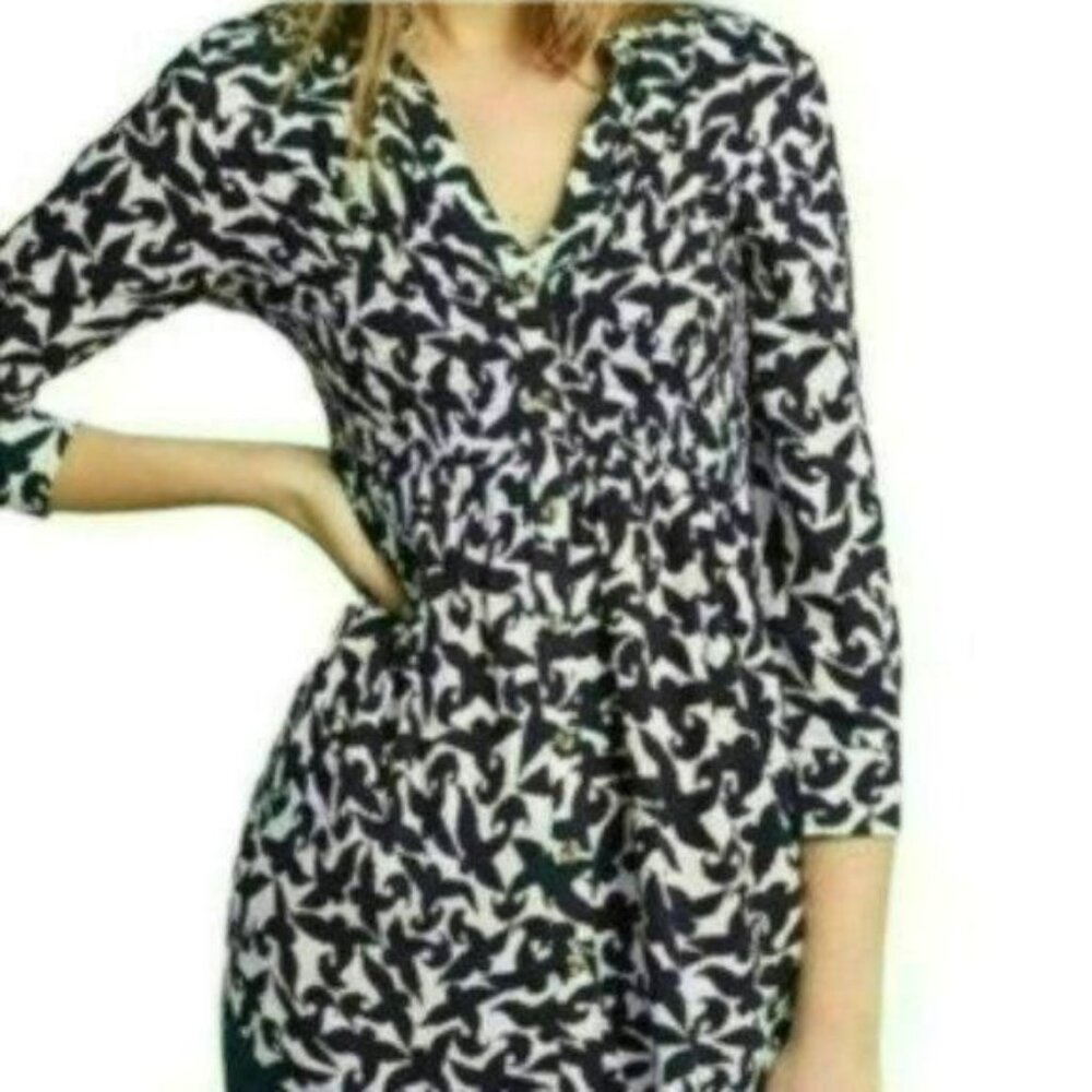 Maeve Alexa Women's XS Blue White Linen Blend V-Neck 3/4 Sleeve Shirred Blouse